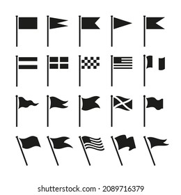 Flag icons. Black isolated flags, pennant icon. Simple flagpole elements, national symbols or race sign. Location point mark tidy vector set