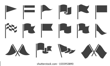 Flag icons. Black silhouette destination flags, pennant with flagpole, banners. Map location markers, start and finish symbols vector gps fluttering marking waving element set