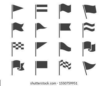 Flag icons. Black waving pennant symbols, outline silhouette flags, banners. Gps location map pins, start and finish signs vector marker end sport car game set