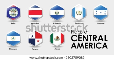 Flag Icons countries of Central America. Simple Hexagon shape design. National flags icon set. Vector illustration on gray background