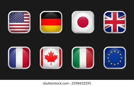Flag icons of the G7 member countries and the European Union. Square vector icons with rounded corners and silver borders