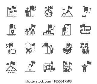 Flag icons. Leadership, Goal Success, Winner with Flag. Navigation Map, Travel goal destination, People protest icons. Mountain with Flag pole, Delivery box, Ownership. Quality design element. Vector
