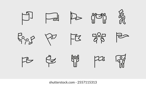 Flag icons. A set of 15 stylish minimalist flag icons, featuring National, Waving, Peace, Award, and Achievement flags. Perfect for web, apps, and packaging. Vector illustration