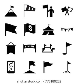 Flag icons. set of 16 editable filled flag icons such as finish, route and phone, locations, wind cone