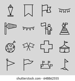 Flag icons set. set of 16 flag outline icons such as wind cone, medical cross, circus