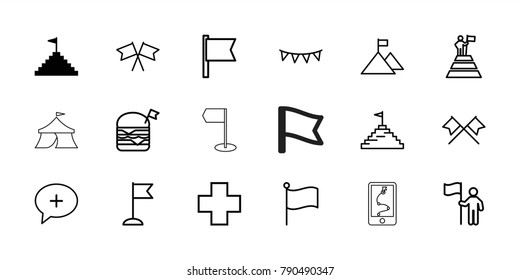 Flag icons. set of 18 editable outline flag icons: pyramid flag, medical cross, circus