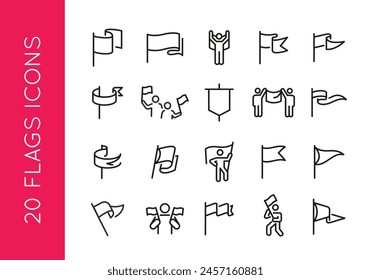 Flag-Symbole. Ein Set von 20 stilvollen minimalistischen Flaggen-Icons mit National-, Waving-, Peace-, Award- und Achievement-Flaggen. Ideal für Web, App und Verpackungen. Vektorillustration