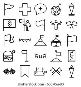 Flag icons set. set of 25 flag outline icons such as man with flags, flag, medical cross, route and phone, circus