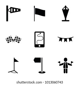 Flag icons. set of 9 editable filled flag icons such as wind cone, party flag