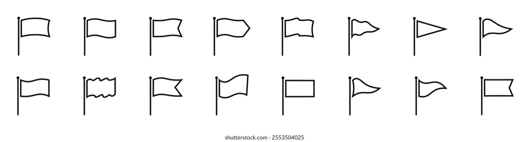 Flag icons. Set of black icons of different shapes. Location indicator on the map. GPS navigation marker. Vector illustration.