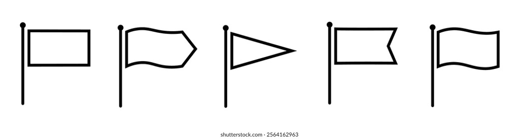 Flag icons. Set of black icons of different shapes. Location indicator on the map. GPS navigation marker. Vector illustration.