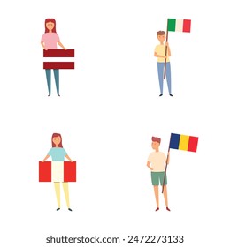 Flag-Symbole setzen Cartoon-Vektorgrafik. Teenager mit nationaler Landesflagge. Solidarität, Einheit
