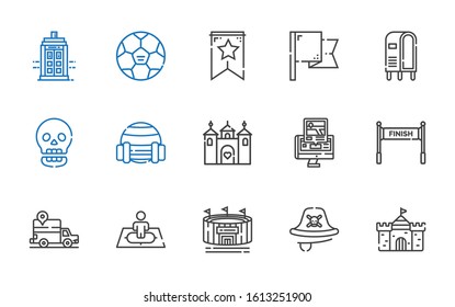 flag icons set. Collection of flag with castle, pirate, stadium, position, gps, finish, sport, skull, letterbox, banner, football, police box. Editable and scalable flag icons.
