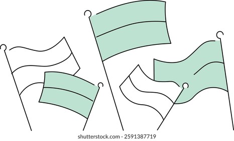 Flag icons. Shapes for pennants and wavings. Flagpole location on map. Set of poles with banners. Start and finish symbols. Silhouettes, markers for event, destination. Simple sign, pin. Vector.