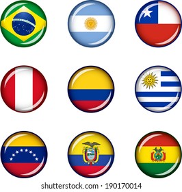 Flag Icons of South America. Vector graphic images of glossy flag icons representing countries within South America. 