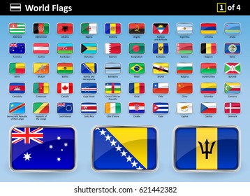 Flag icons of the world with names in alphabetical order - set 1 of 4. Vector illustration.