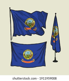 Flag of Idaho on the wind and on the wall illustration set