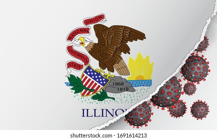 Flag of Illinois state with outbreak viruses deadly coronavirus COVID-19. Banner with the spread of Coronavirus against background of national flag. USA Lockdown. Concept of quarantine. Stay at home