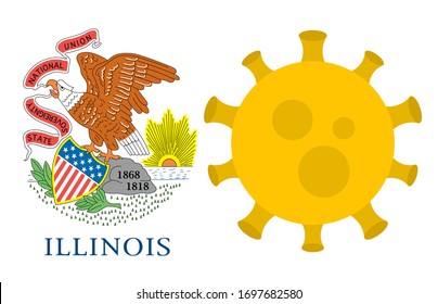 Flagge des Illinois-Staates mit Ausbruch von Viren Hintergrund der US-Staatsflagge. Novel Coronavirus Disease COVID-19. Koronavirus-Infektion und die Epidemie in Amerika. USA Lockdown.