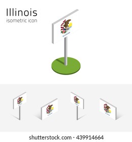 Flag of Illinois (State of Illinois, USA), vector set of isometric flat icons, 3D style, different views. Editable design element for banner, website, presentation, infographic, poster, map. Eps 10