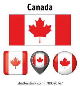 Flag illustration of Canada, and several icons. Ideal for catalogs of institutional materials and geography