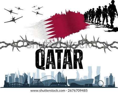 flag and illustration of the city and progress of Qatar