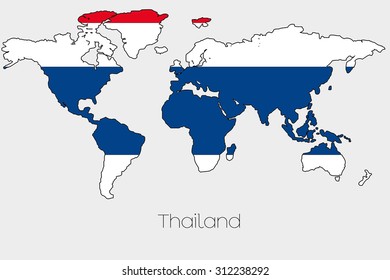 A Flag Illustration inside the shape of a world map of the country of Thailand