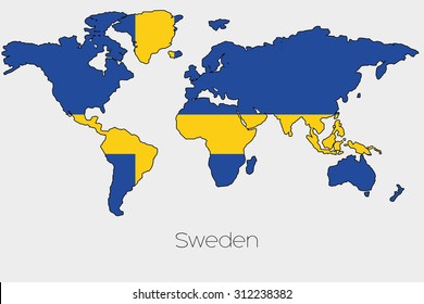 A Flag Illustration inside the shape of a world map of the country of Sweden