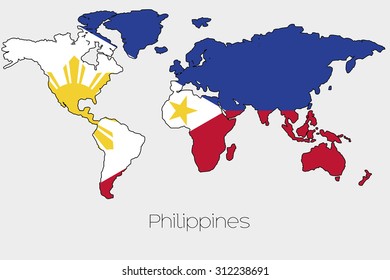 A Flag Illustration inside the shape of a world map of the country of  Philippines