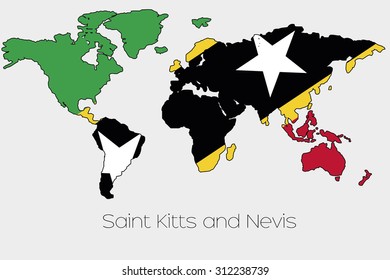 A Flag Illustration inside the shape of a world map of the country of  Saint Kitts and Nevis