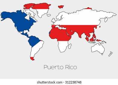 A Flag Illustration inside the shape of a world map of the country of  Puerto Rico