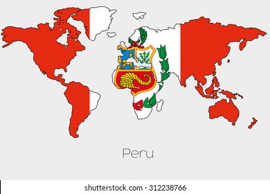 A Flag Illustration inside the shape of a world map of the country of  Peru
