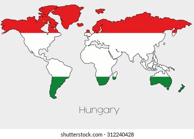 A Flag Illustration inside the shape of a world map of the country of Hungary