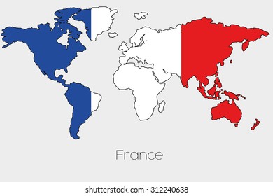 A Flag Illustration inside the shape of a world map of the country of France