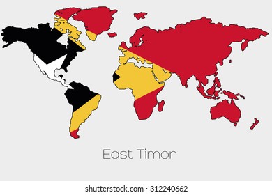 A Flag Illustration inside the shape of a world map of the country of East Timor