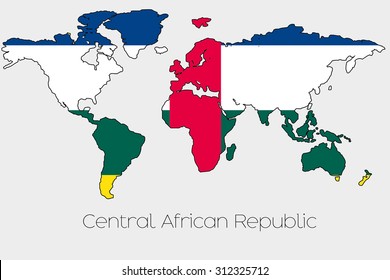 A Flag Illustration inside the shape of a world map of the country of Central African Republic
