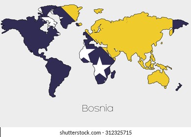 A Flag Illustration inside the shape of a world map of the country of Bosnia
