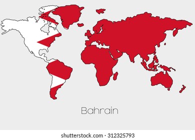 A Flag Illustration inside the shape of a world map of the country of Bahrain