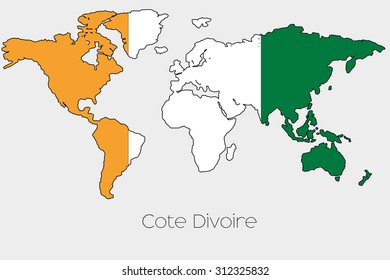 A Flag Illustration inside the shape of a world map of the country of Cote Divoire
