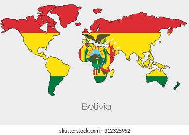 A Flag Illustration inside the shape of a world map of the country of  Bolivia