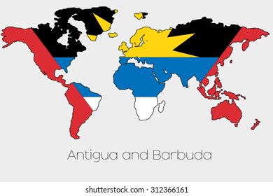 A Flag Illustration inside the shape of a world map of the country of Antigua and Barbuda