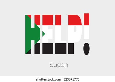 A Flag Illustration inside the word Help of the country of Sudan
