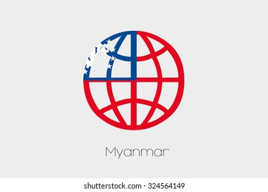 A Flag Illustration inside a world icon of Myanmar