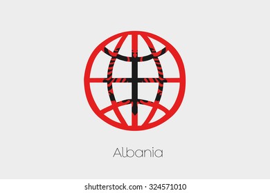 A Flag Illustration inside a world icon of Albania