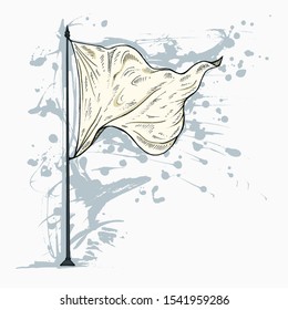 Flag illustration as white waving cloth on flagpole, empty flag template in vector.