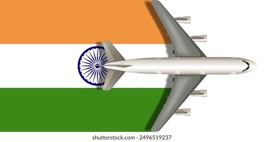 Flag of India with airplane flying over it close up. Vector image.