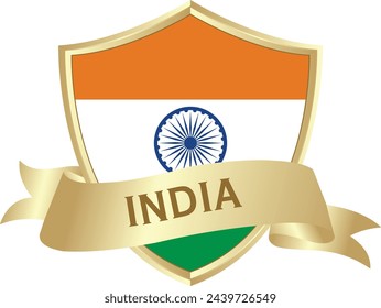 Flag of india as around the metal gold shield with india flag