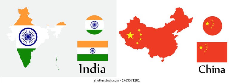 Flag Of India And China Country Isolated On Background.