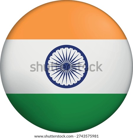 Flag of India. Glossy circular flag. Button appearance. 3D Icon Design with depth. Professional, tactile look. Perfect for representing national identity in digital interfaces and perfect for websites