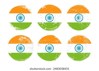 Flag of India grunge textures set. The national flag of the Republic of India. Grunge effect templates collection for greetings cards, posters, celebrate banners and flyers. Vector illustration.